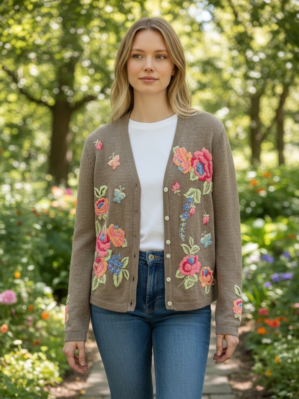 Embroidered Taupe Cardigan with Floral Accents